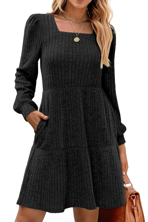 Fall Dresses for Women Square Neck Long Sleeve Dresses Casual Babydoll Sweater Dress