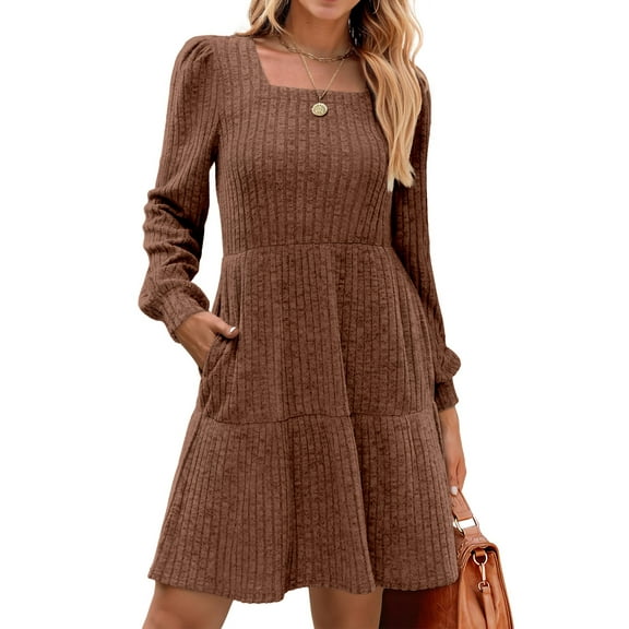 Fantaslook Fall Dresses for Women Square Neck Long Sleeve Dresses Casual Babydoll Sweater Dress