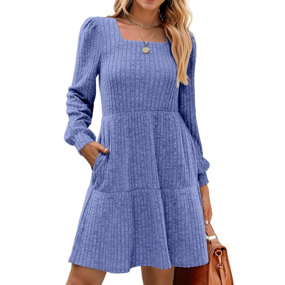 Fantaslook Fall Dresses for Women Square Neck Long Sleeve Dresses Casual Babydoll Sweater Dress
