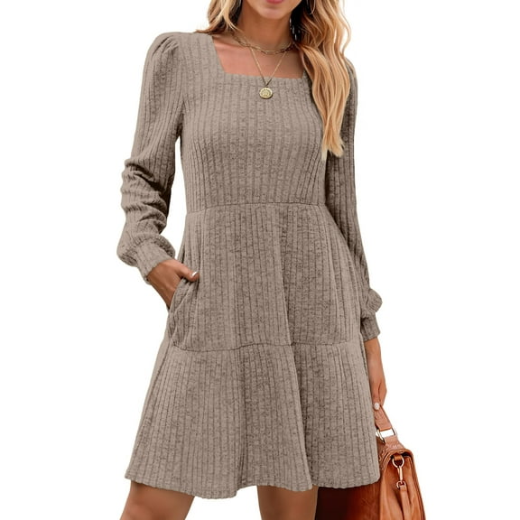 Fantaslook Fall Dresses for Women Square Neck Long Sleeve Dresses Casual Babydoll Sweater Dress