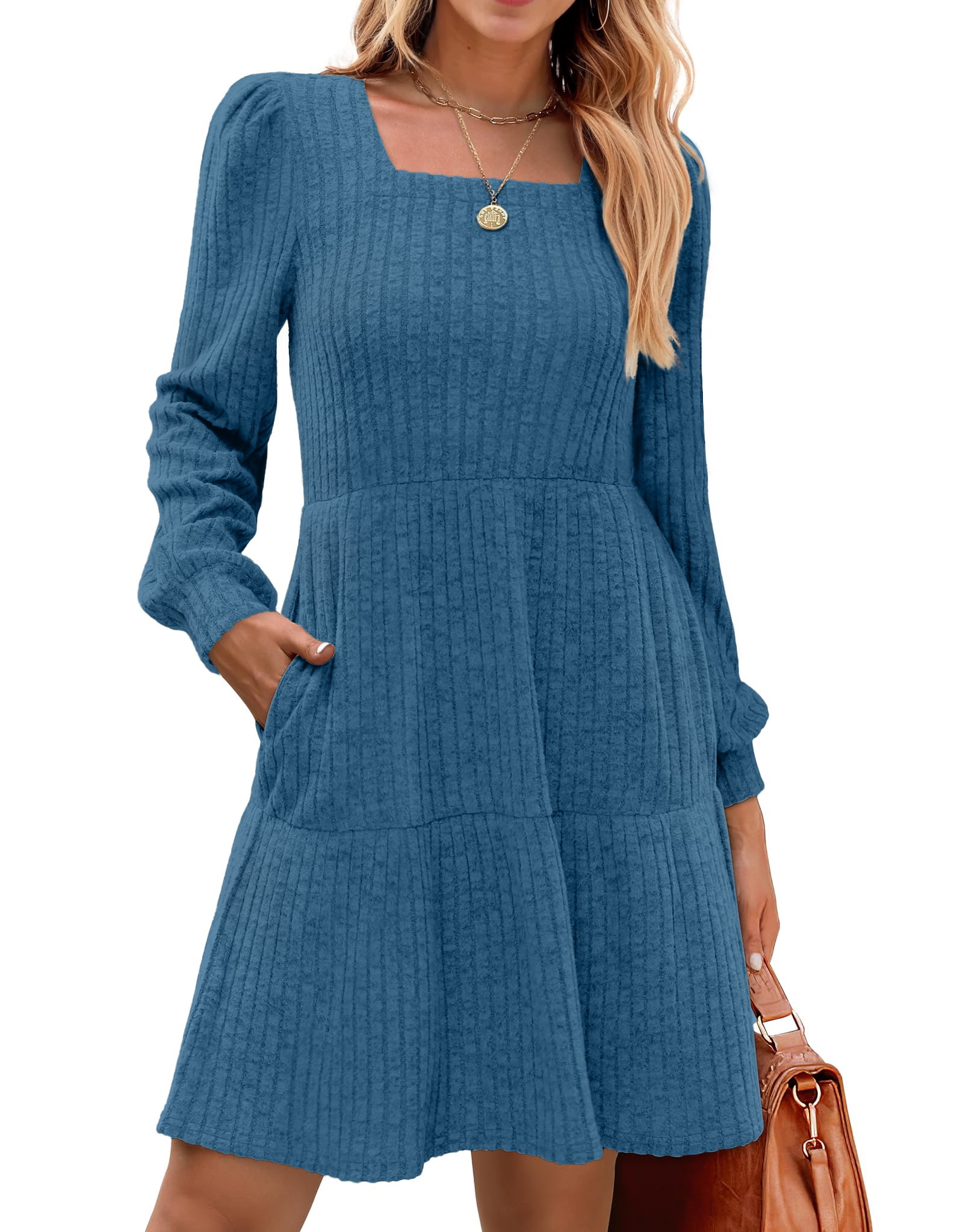 Fantaslook Square Neck Long Sleeve Dresses for Women Casual Trendy Sweater Dress with Pockets