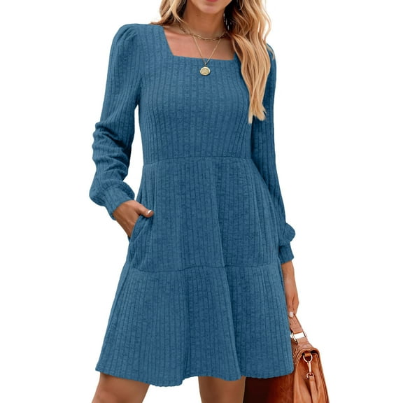 Fantaslook Fall Dresses for Women Square Neck Long Sleeve Dresses Casual Babydoll Sweater Dress