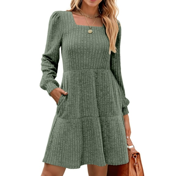 Fantaslook Fall Dresses for Women Square Neck Long Sleeve Dresses Casual Babydoll Sweater Dress