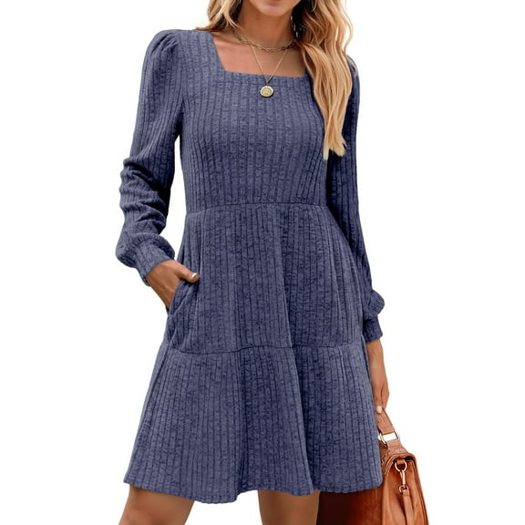 Fantaslook Fall Dresses for Women Square Neck Long Sleeve Dresses Casual Babydoll Sweater Dress