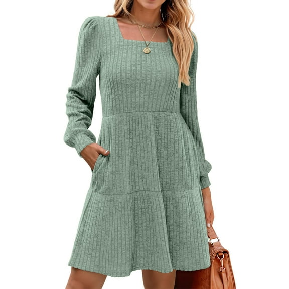 Fantaslook Fall Dresses for Women Square Neck Long Sleeve Dresses Casual Babydoll Sweater Dress