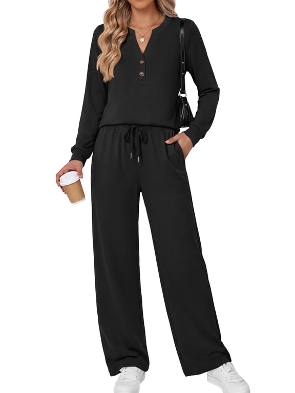 Fall Fashion Two Piece Lounge Sets for Women Henley V Neck Vacation Travel Outfit Casual Wide Leg Pants Matching Sets Women Clothing