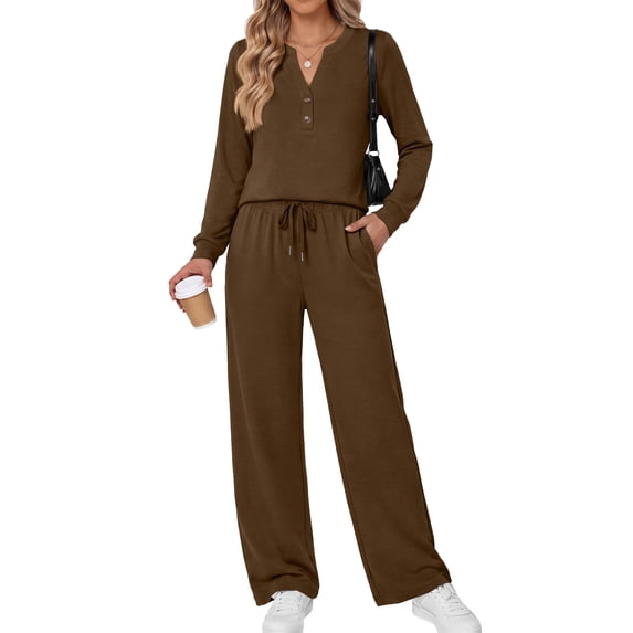 Fantaslook Fall Fashion Two Piece Lounge Sets for Women Henley V Neck Vacation Travel Outfit Casual Wide Leg Pants Matching Sets Women Clothing