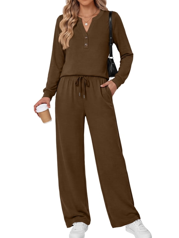 Fall Fashion Two Piece Lounge Sets for Women Henley V Neck Vacation Travel Outfit Casual Wide Leg Pants Matching Sets Women Clothing
