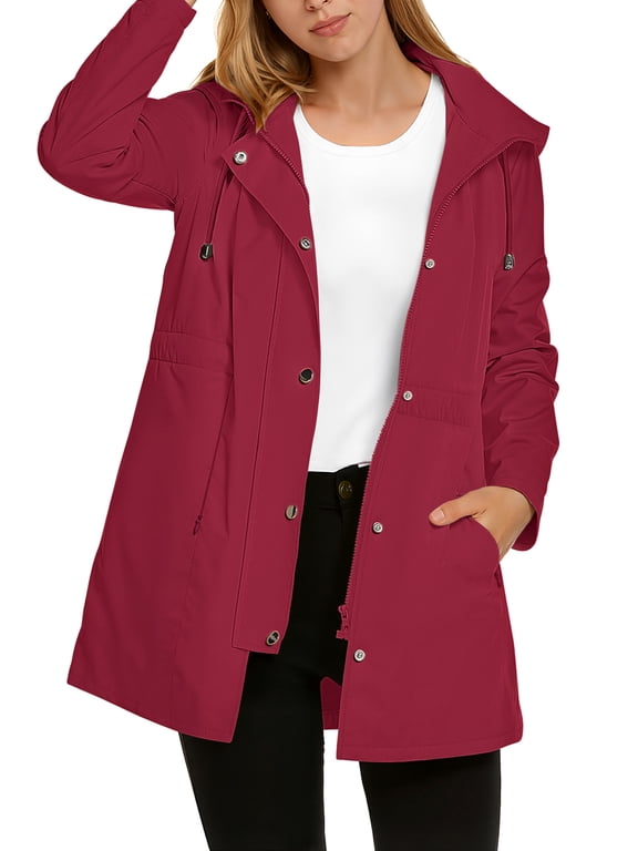 Fall Jackets for Women Hooded Windbreaker Water-Resistant Long Coat Outdoor Trench Coat with pockets