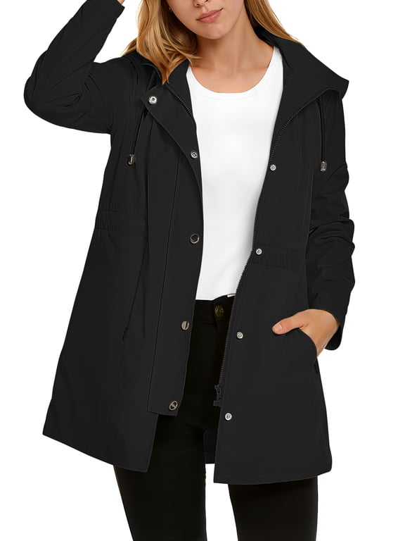 Fall Jackets for Women Hooded Windbreaker Water-Resistant Long Coat Outdoor Trench Coat with pockets