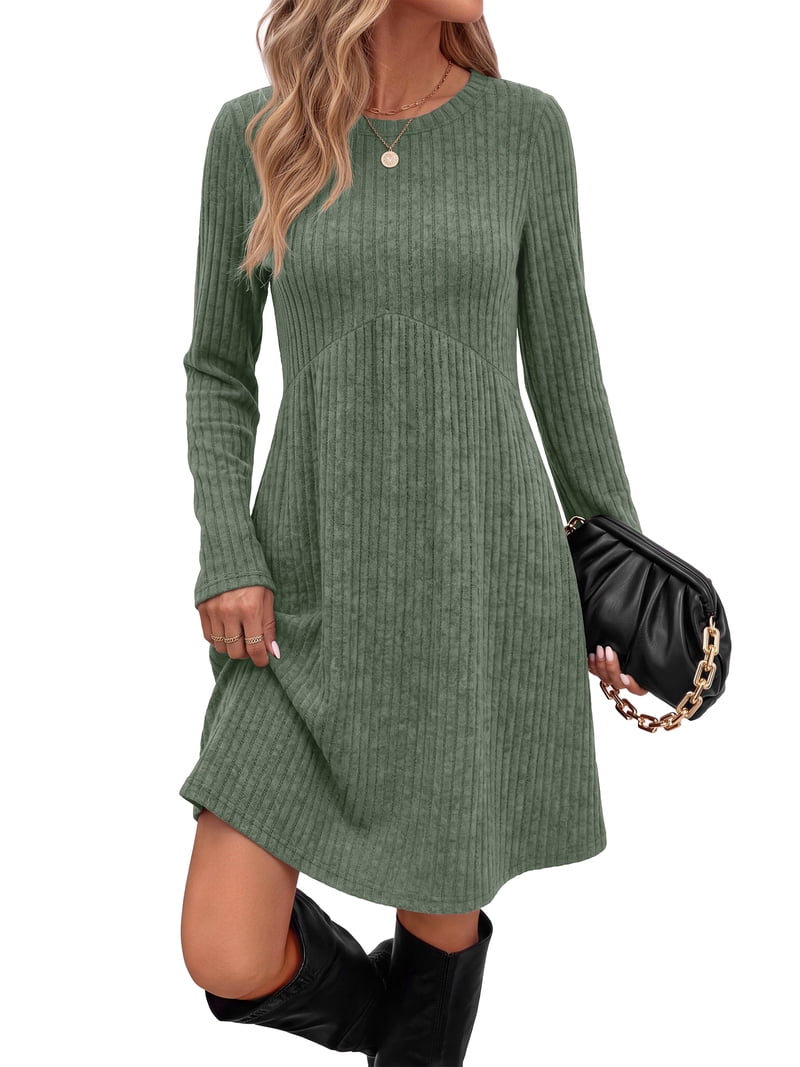 grey dress with pockets Fantaslook Fall Long Sleeve Dresses for Women Crew Neck Empire Waist Tunic Sweater Dress, Women's, Size: Large, Green GCCBeauty