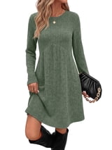 Fantaslook Fall Long Sleeve Dresses for Women Crew Neck Empire Waist Tunic Dress with Pockets Sweater Dress