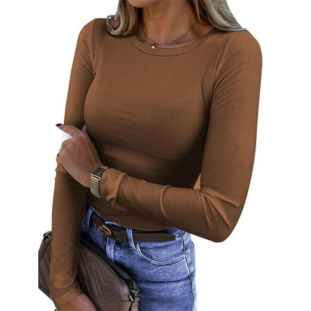 Fantaslook Fitted Long Sleeve Shirts for Women Stretch Casual Basic Tops Crewneck Ribbed Tees Shirts