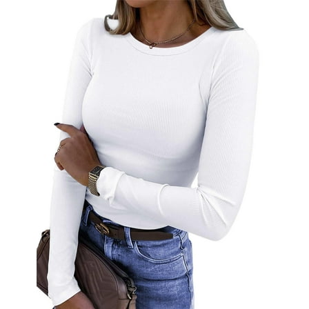 Fantaslook Fitted Long Sleeve Shirts for Women Stretch Casual Basic Tops Crewneck Ribbed Tees Shirts