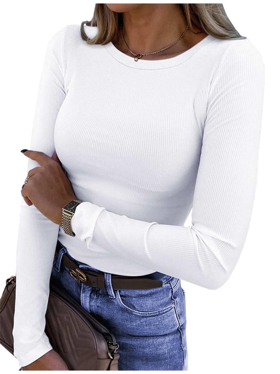 Fitted Long Sleeve Shirts for Women Stretch Casual Basic Tops Crewneck Ribbed Tees Shirts