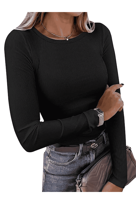 Long Sleeve Shirts for Women Casual Trendy Tops Fall Crewneck Ribbed Basic Dressy Slim Fit business Tees Shirts 2025 Black