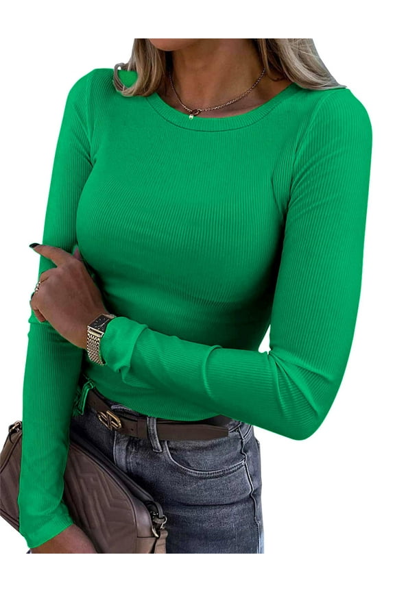 Fitted Long Sleeve Shirts for Women Stretch Casual Basic Tops Crewneck Ribbed Tees Shirts