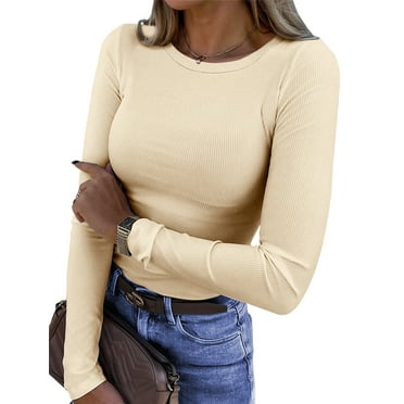 Fantaslook Fitted Long Sleeve Shirts for Women Stretch Casual Basic Tops Crewneck Ribbed Tees Shirts