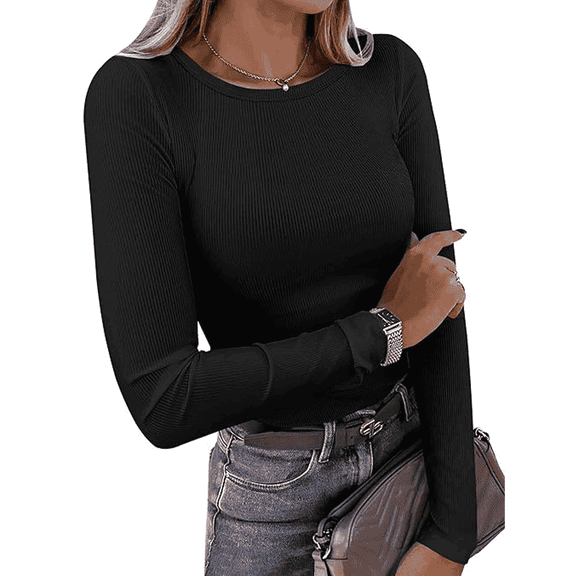 SOMER Long Sleeve Shirts for Women Long Sleeve, Slim Fit Crew Neck Stretchy Basic Tee Women’s Ribbed Top, Casual Solid Color Fall Winter Shirt