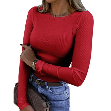 Fantaslook Fitted Long Sleeve Shirts for Women Stretch Casual Basic Tops Crewneck Ribbed Tees Shirts