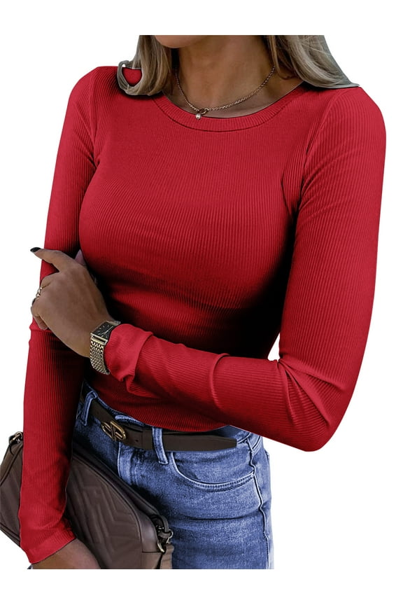 Fitted Long Sleeve Shirts for Women Stretch Casual Basic Tops Crewneck Ribbed Tees Shirts