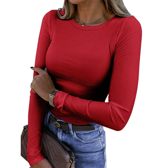 Fantaslook Fitted Long Sleeve Shirts for Women Stretch Casual Basic Tops Crewneck Ribbed Tees Shirts