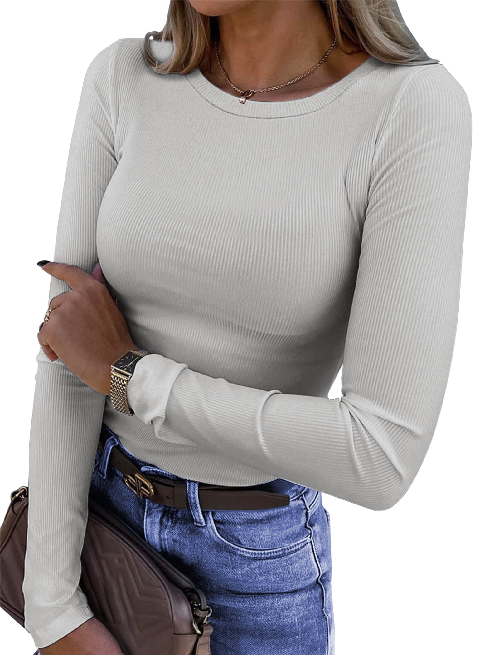 Zeagoo Women's Jumpers Long Sleeve Tops Knit Crew Neck Sweater Lightweight Sweatshirts Slim Fit Ribbed Jumper Elegant Solid Pullover Casual Basic Tunic Tops For Fall Winter White S