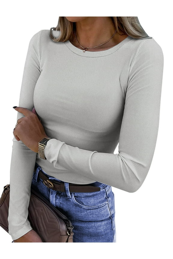 Fitted Long Sleeve Shirts for Women Stretch Casual Basic Tops Crewneck Ribbed Tees Shirts