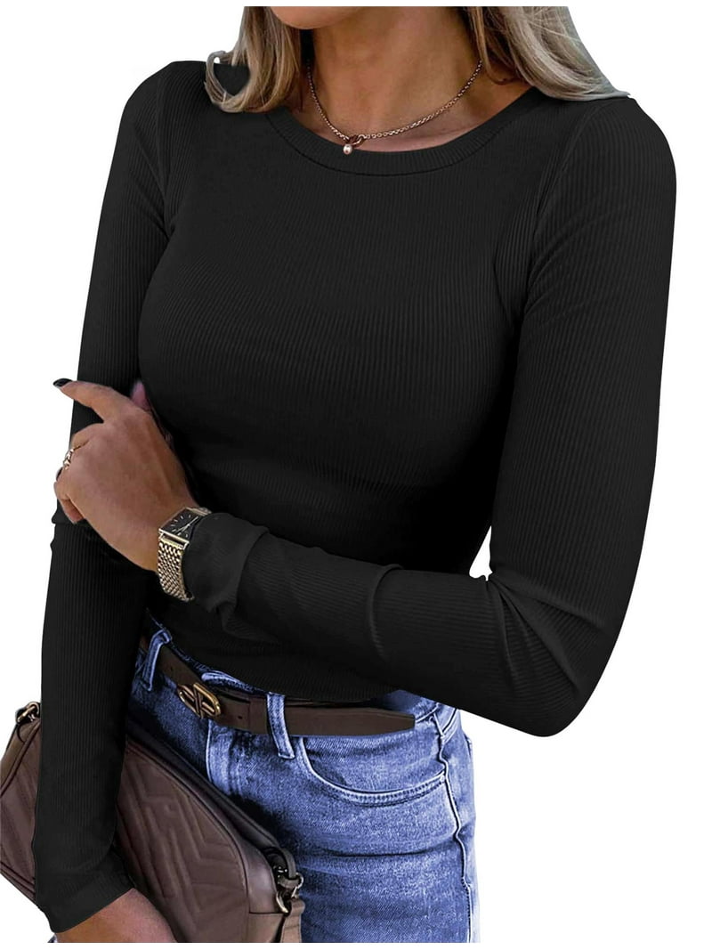 Fantaslook Fitted Long Sleeve Shirts for Women Stretch Ribbed