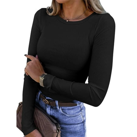 Fantaslook Fitted Long Sleeve Shirts for Women Stretch Casual Basic Tops Crewneck Ribbed Tees Shirts