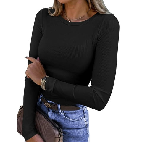 Fitted Long Sleeve Shirts for Women Stretch Casual Basic Tops Crewneck Ribbed Tees Shirts