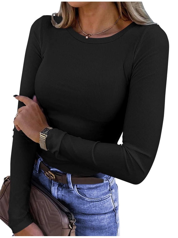 Fitted Long Sleeve Shirts for Women Stretch Casual Basic Tops Crewneck Ribbed Tees Shirts