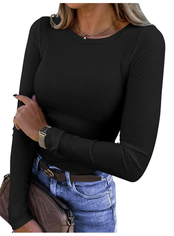 Fitted Long Sleeve Shirts for Women Stretch Casual Basic Tops Crewneck Ribbed Tees Shirts
