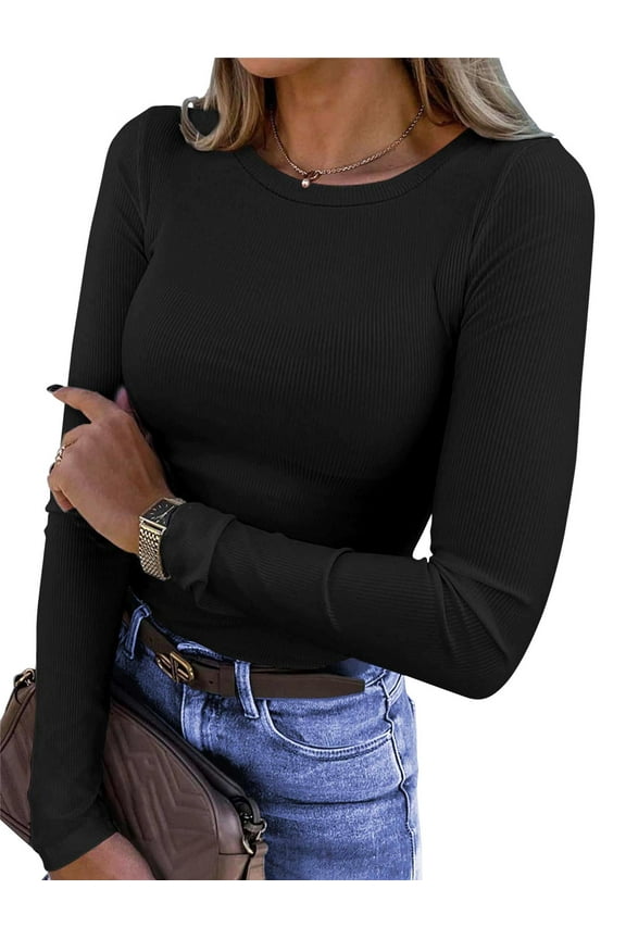 Fitted Long Sleeve Shirts for Women Stretch Casual Basic Tops Crewneck Ribbed Tees Shirts