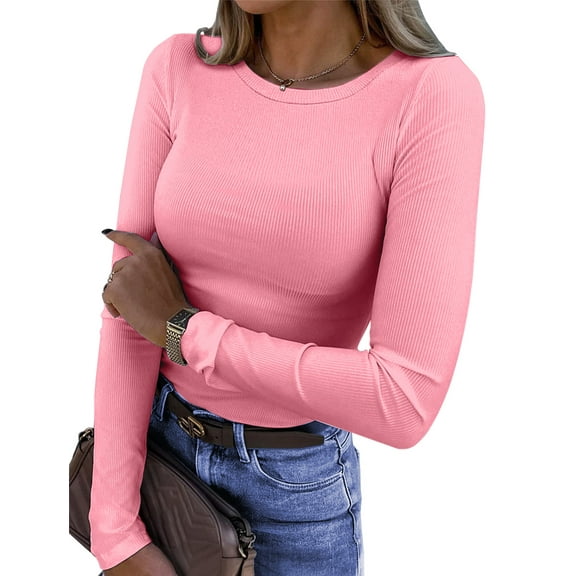 Fantaslook Fitted Long Sleeve Shirts for Women Stretch Casual Basic Tops Crewneck Ribbed Tees Shirts