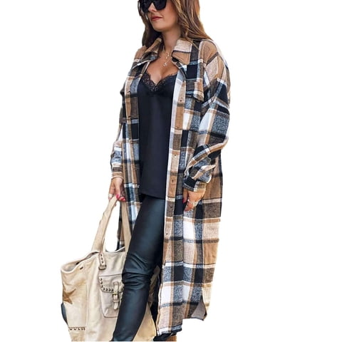 Flannel Shirts for Women Button Up Plaid Shirt Long Pocketed Shacket Jacket Coat