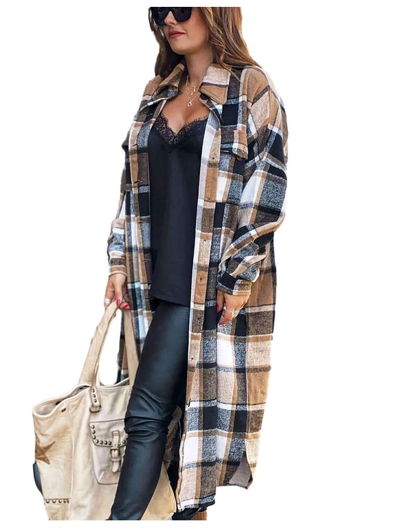 Flannel Shirts for Women Button Up Plaid Shirt Long Pocketed Shacket Jacket Coat