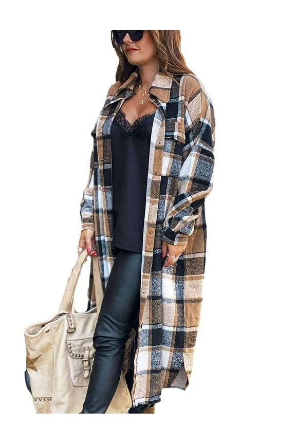 Flannel Shirts for Women Button Up Plaid Shirt Long Pocketed Shacket Jacket Coat