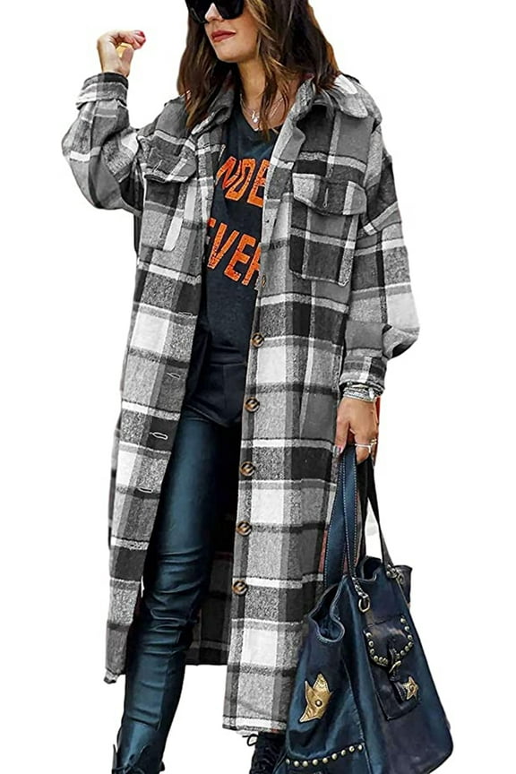 Flannel Shirts for Women Button Up Plaid Shirt Long Pocketed Shacket Jacket Coat