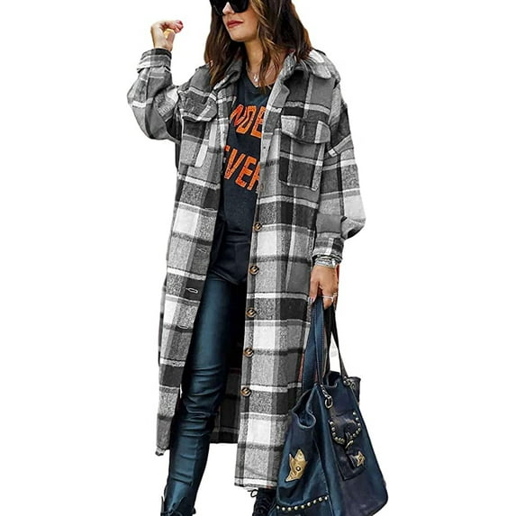 Fantaslook Flannel Shirts for Women Button Up Plaid Shirt Long Pocketed Shacket Jacket Coat