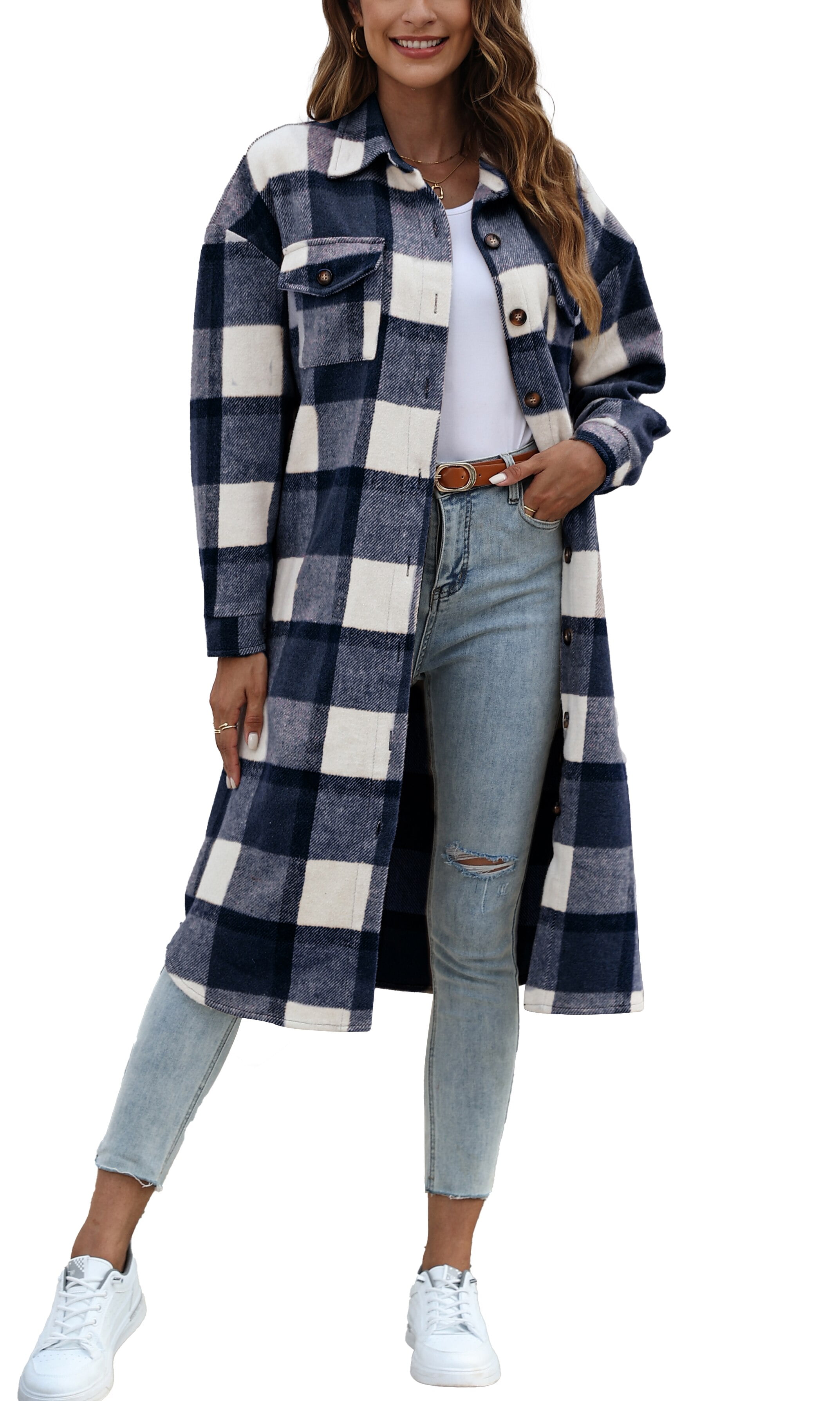 Fantaslook Flannel Shirts for Women Button Up Plaid Shirt Long Pocketed Shacket  Jacket Coat 