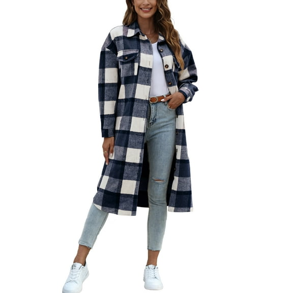 Fantaslook Flannel Shirts for Women Button Up Plaid Shirt Long Pocketed Shacket Jacket Coat