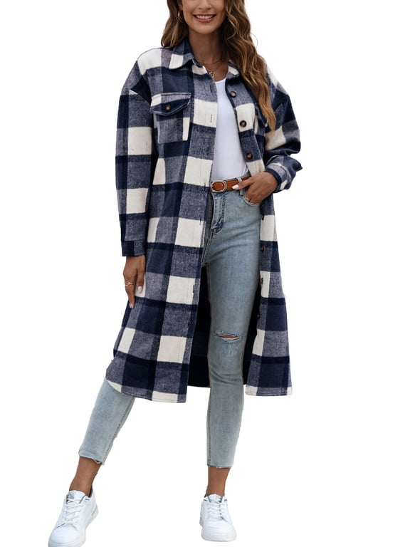 Flannel Shirts for Women Button Up Plaid Shirt Long Pocketed Shacket Jacket Coat