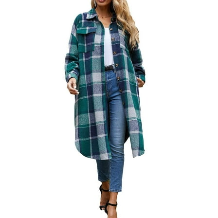 Fantaslook Flannel Shirts for Women Button Up Plaid Shirt Long Pocketed Shacket Jacket Coat