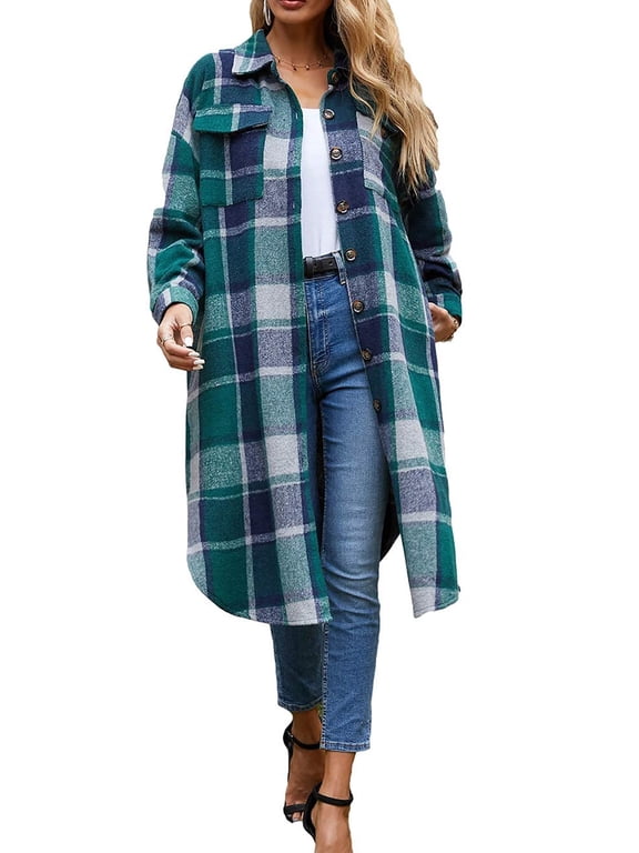 Flannel Shirts for Women Button Up Plaid Shirt Long Pocketed Shacket Jacket Coat