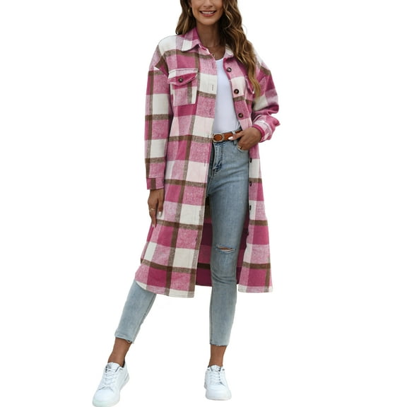 Fantaslook Flannel Shirts for Women Button Up Plaid Shirt Long Pocketed Shacket Jacket Coat