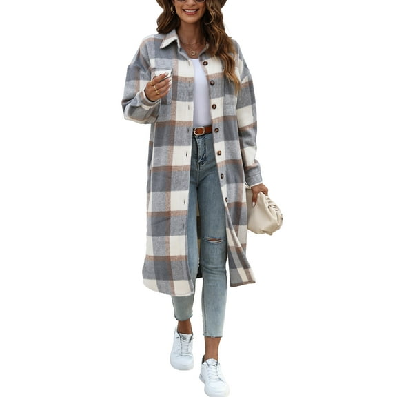 Fantaslook Flannel Shirts for Women Button Up Plaid Shirt Long Pocketed Shacket Jacket Coat