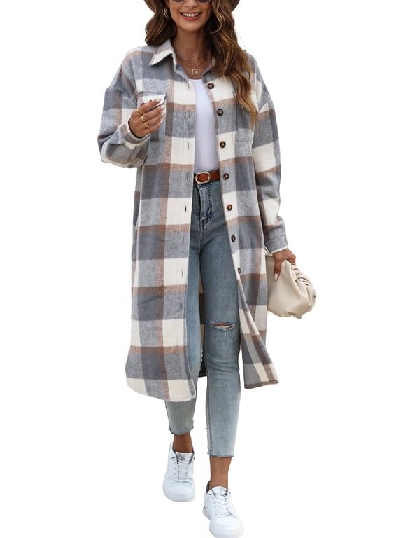 Flannel Shirts for Women Button Up Plaid Shirt Long Pocketed Shacket Jacket Coat