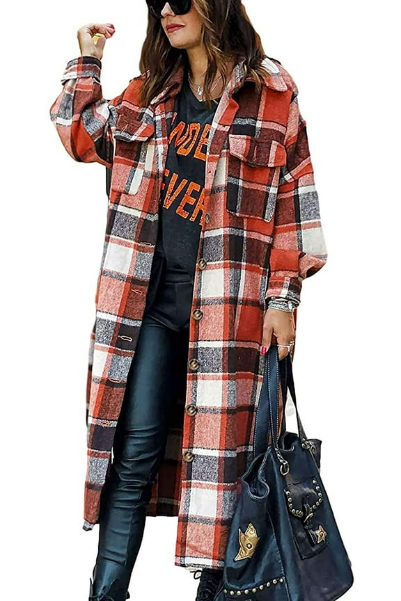 Flannel Shirts for Women Button Up Plaid Shirt Long Pocketed Shacket Jacket Coat