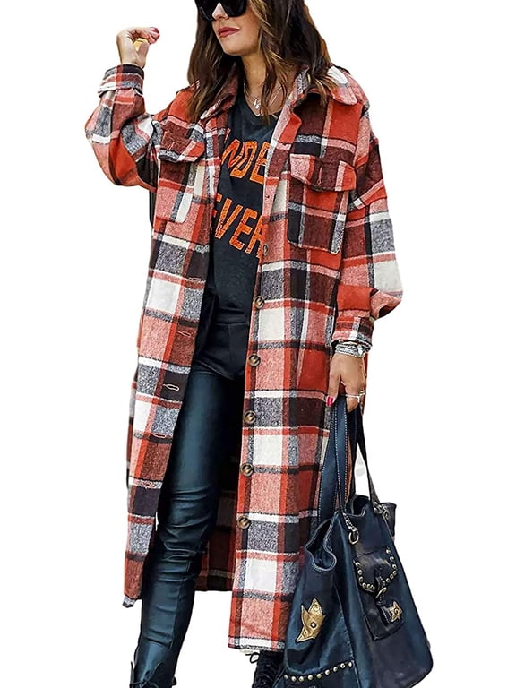 Flannel Shirts for Women Button Up Plaid Shirt Long Pocketed Shacket Jacket Coat